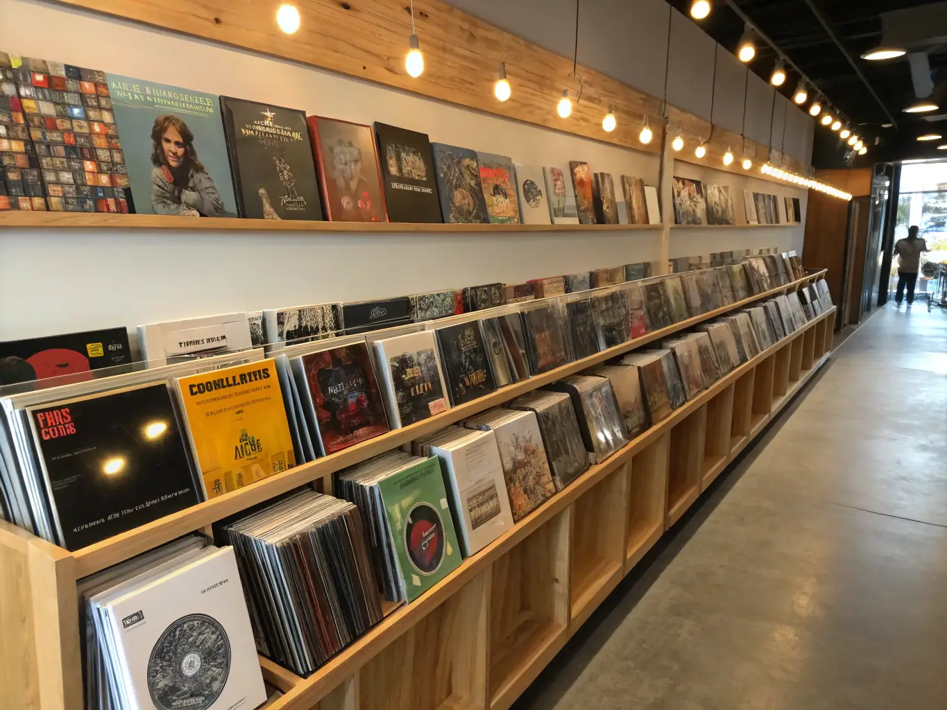 A photograph showcasing a collection of vinyl records and CDs displayed in a record store, highlighting LE SOUS OFF's role in distributing musical media and making it accessible to the public.