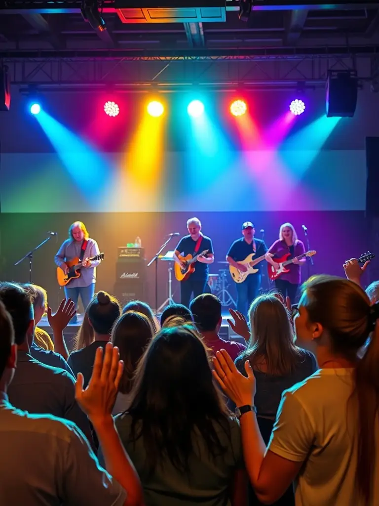 A vibrant concert scene with a band performing on stage, bathed in colorful stage lights, capturing the energy of a live music event organized by LE SOUS OFF.