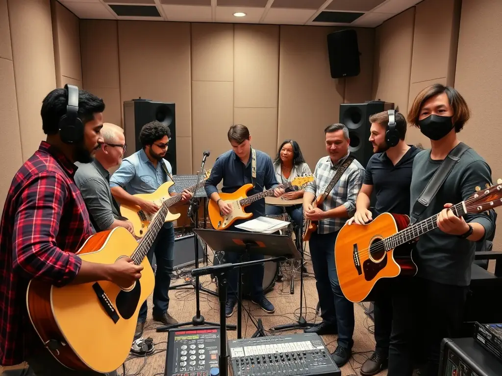An image depicting a diverse group of musicians collaborating in a modern recording studio, surrounded by instruments and sound equipment, symbolizing LE SOUS OFF's support for artistic creation and collaboration.