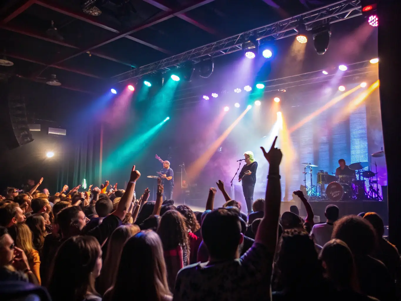 A dynamic image of a live performance featuring an artist on stage, with vibrant lighting and an engaged audience, representing LE SOUS OFF's commitment to promoting live music and artistic expression.