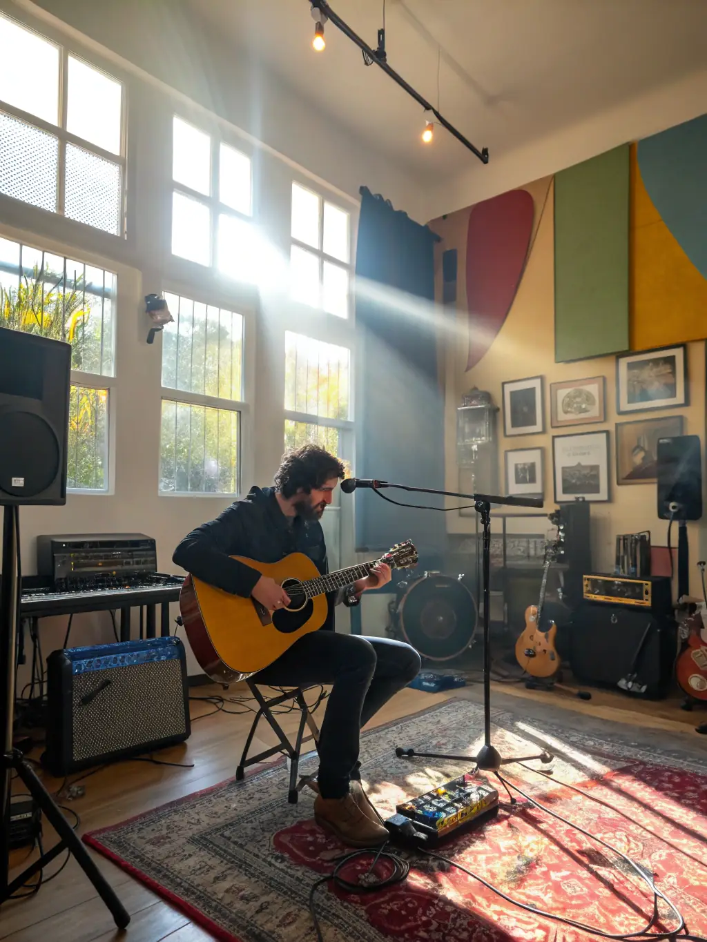 A behind-the-scenes shot of artists collaborating in a recording studio, highlighting LE SOUS OFF's support for artist development and musical production.
