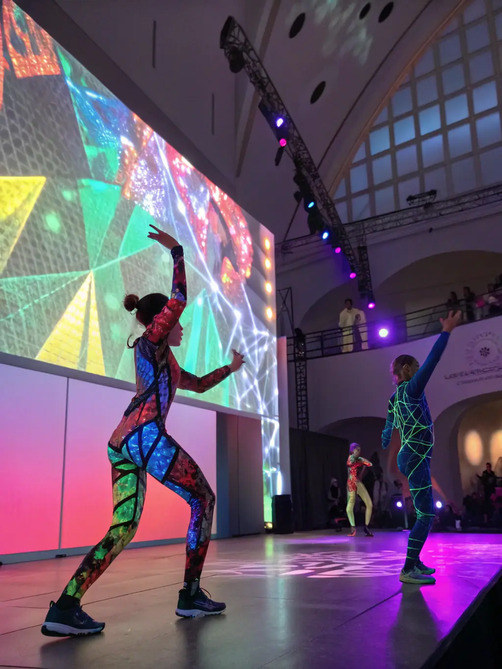 A dynamic performance art piece with dancers interacting with multimedia projections, illustrating the innovative performances supported by LE SOUS OFF.
