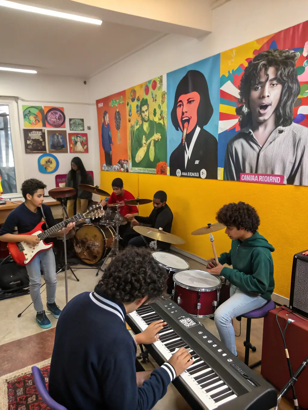 A photograph of a community workshop where participants are actively engaged in a music-related activity, reflecting LE SOUS OFF's commitment to education and outreach.