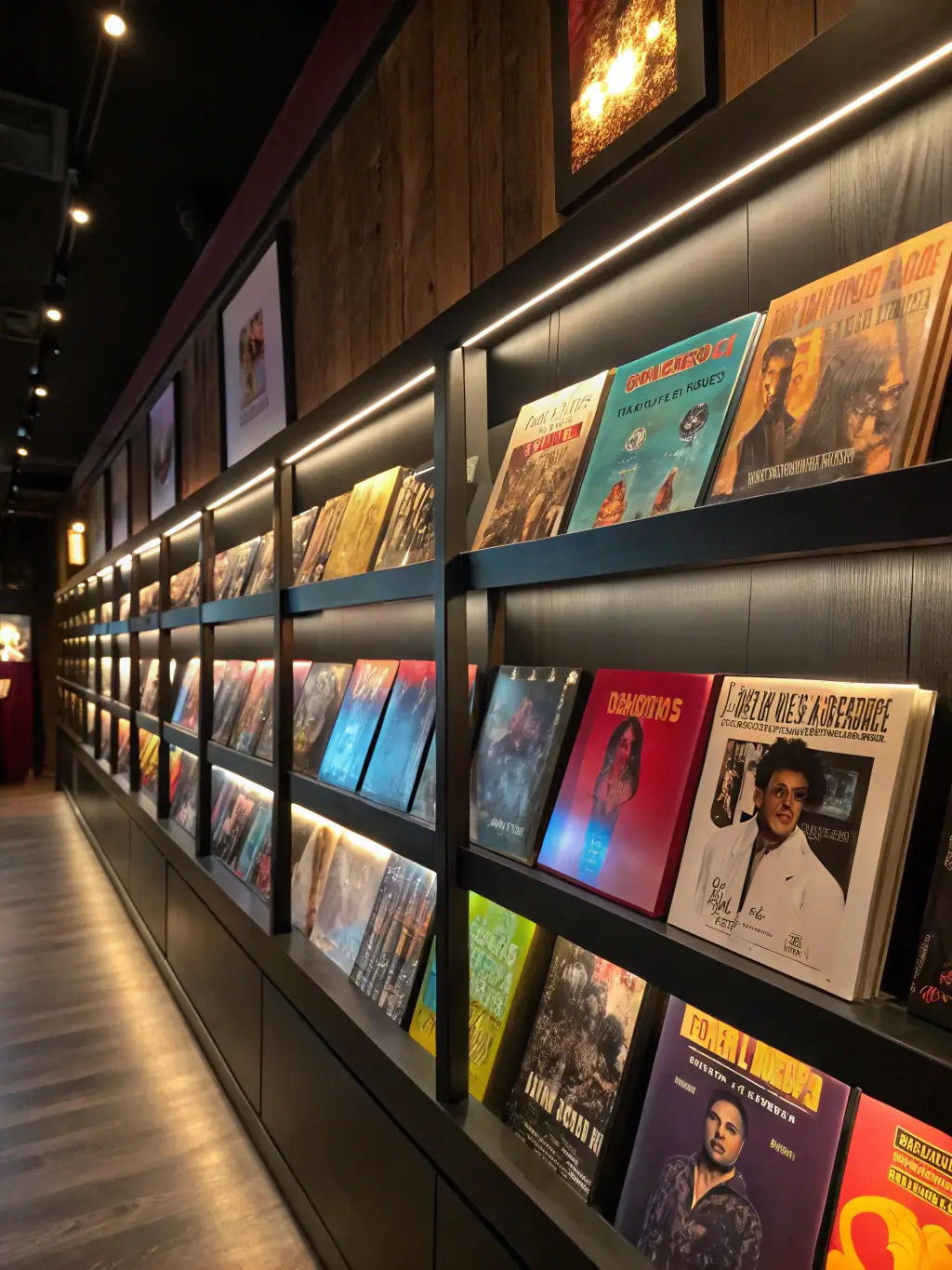 A display of obscure and experimental music albums, representing the 'Niche Genres' collection at LE SOUS OFF, emphasizing the organization's commitment to diverse musical expressions.