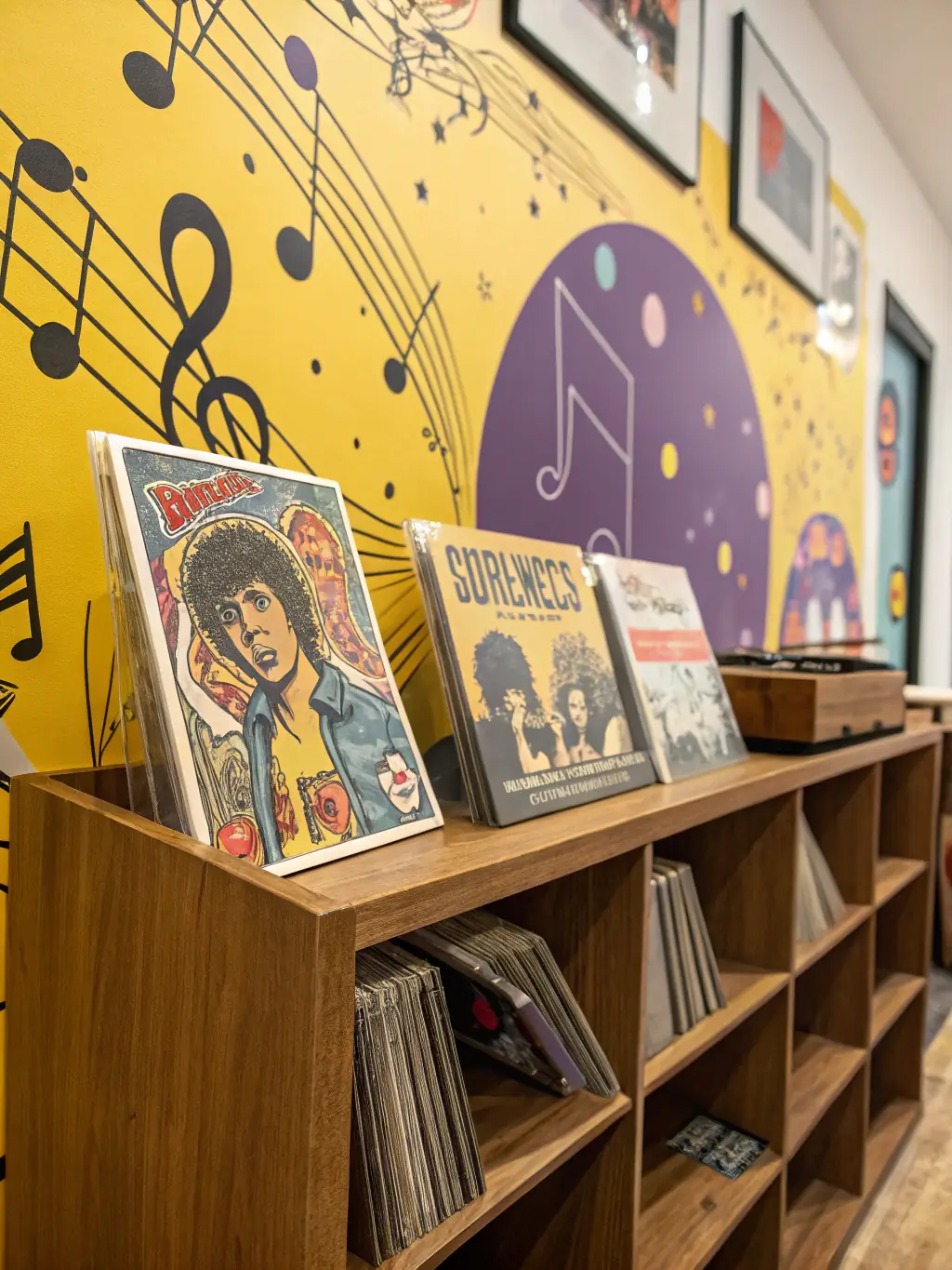 A curated collection of vinyl records featuring soundtracks from classic and contemporary films, arranged aesthetically on a shelf, highlighting the 'Cinephiles' collection at LE SOUS OFF.
