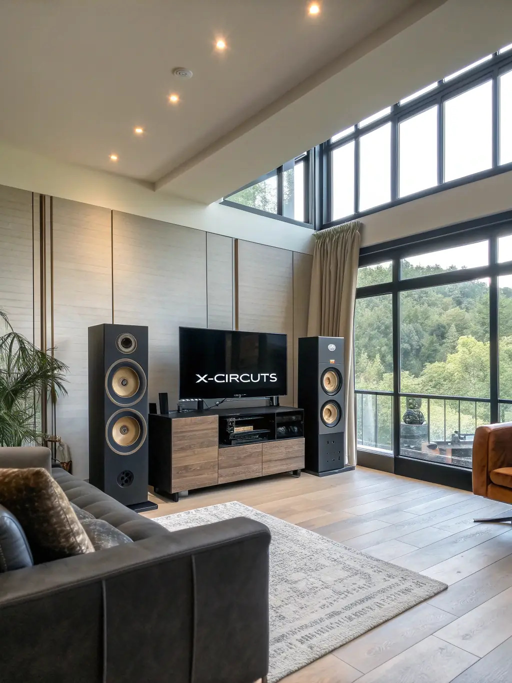A high-end audio system setup in a cozy living room, showcasing the 'Home Cinema' collection at LE SOUS OFF, emphasizing the quality and experience of home entertainment.